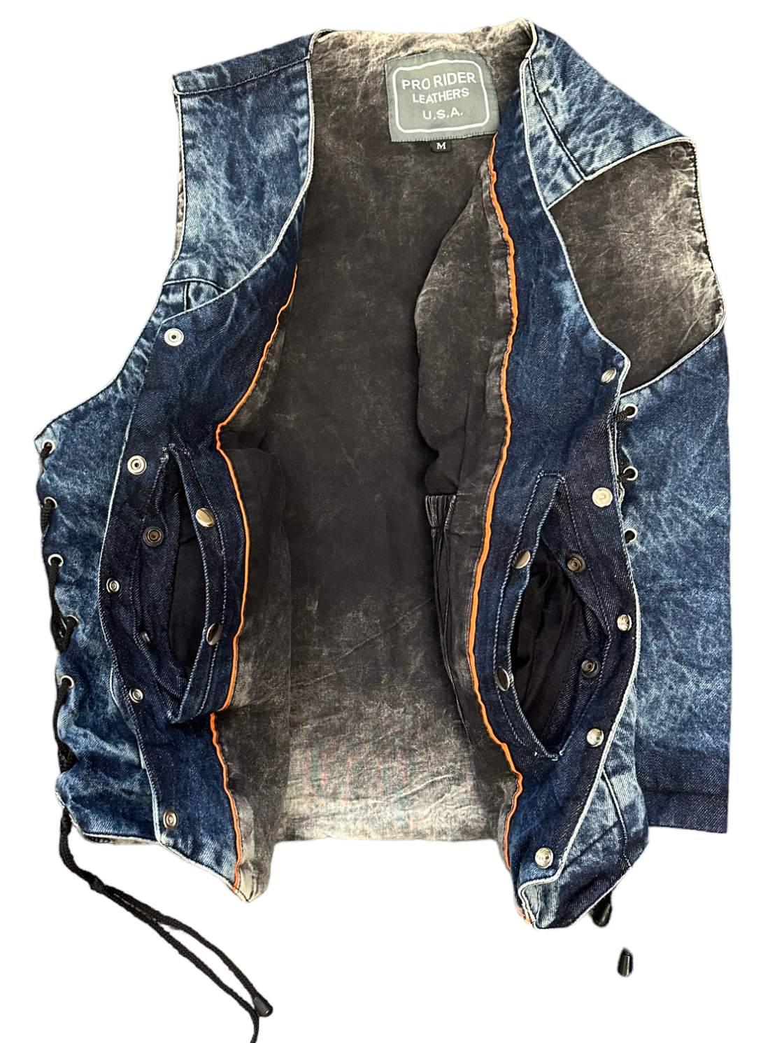 MEN'S BLUE DENIM VEST, STONE WASHED, CONCEALED CARRY POCKETS AND SINGLE PANEL BACK