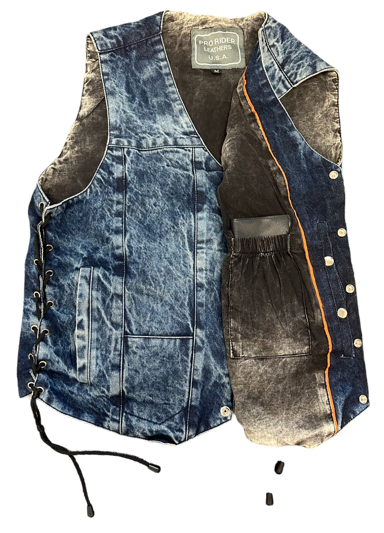 MEN'S BLUE DENIM VEST, STONE WASHED, CONCEALED CARRY POCKETS AND SINGLE PANEL BACK