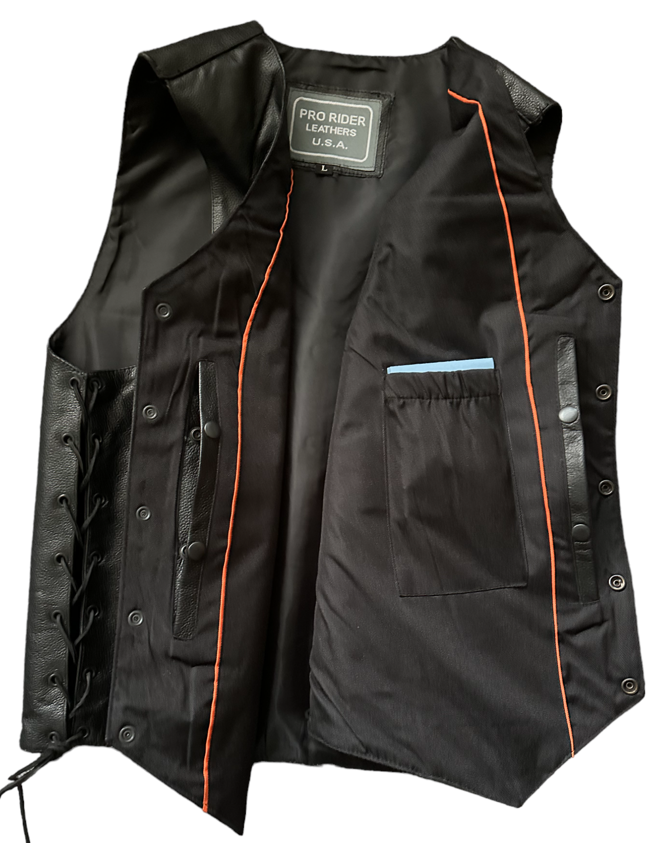 Men's M/C Black Leather Vest, Concealed Carry Pockets and Single Back Panel by Pro Rider