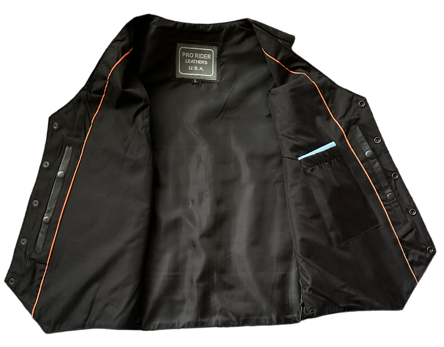 Men's M/C Black Leather Vest, Concealed Carry Pockets and Single Back Panel by Pro Rider