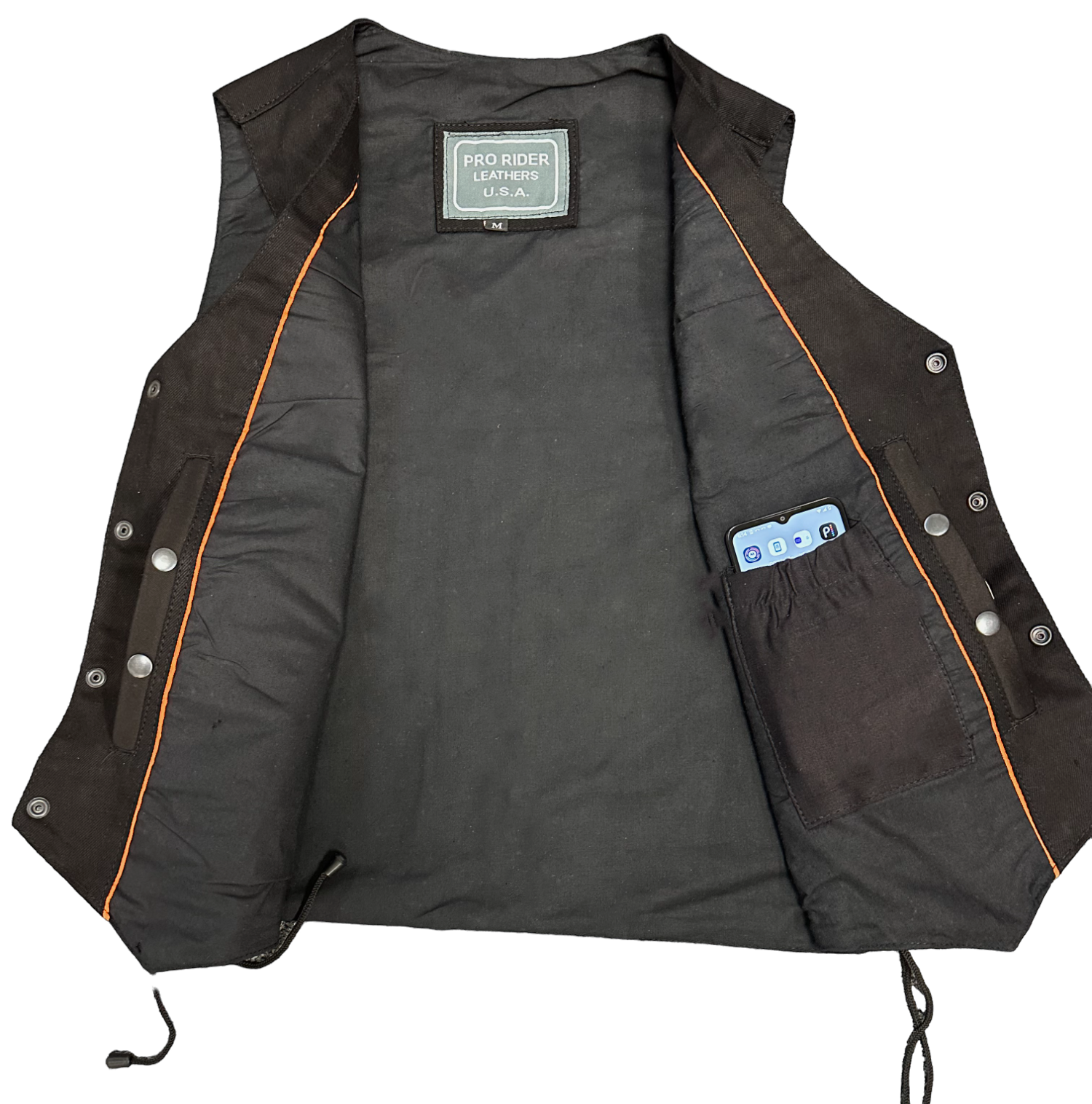 Men's Black Denim Vest, Concealed Carry Pockets, and Single Back Panel By PRO RIDER