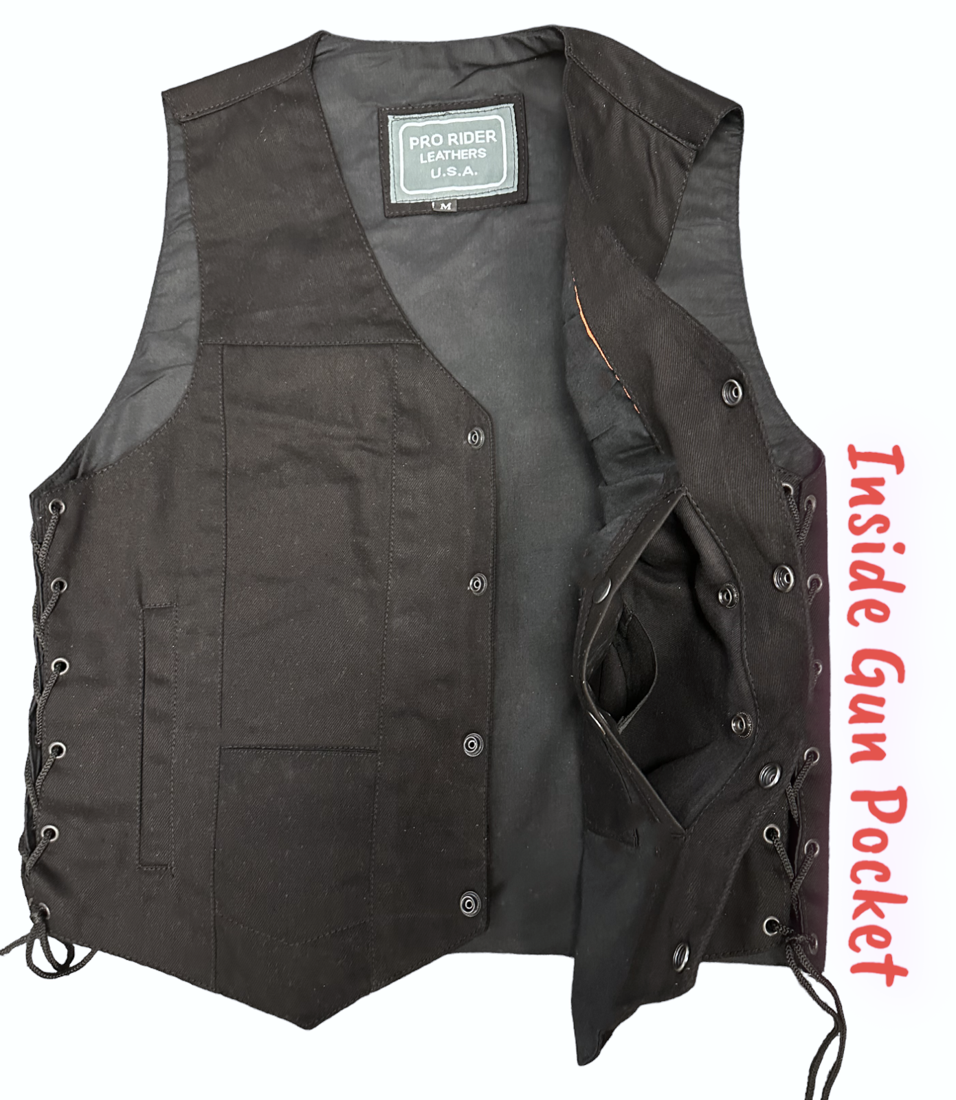Men's Black Denim Vest, Concealed Carry Pockets, and Single Back Panel By PRO RIDER