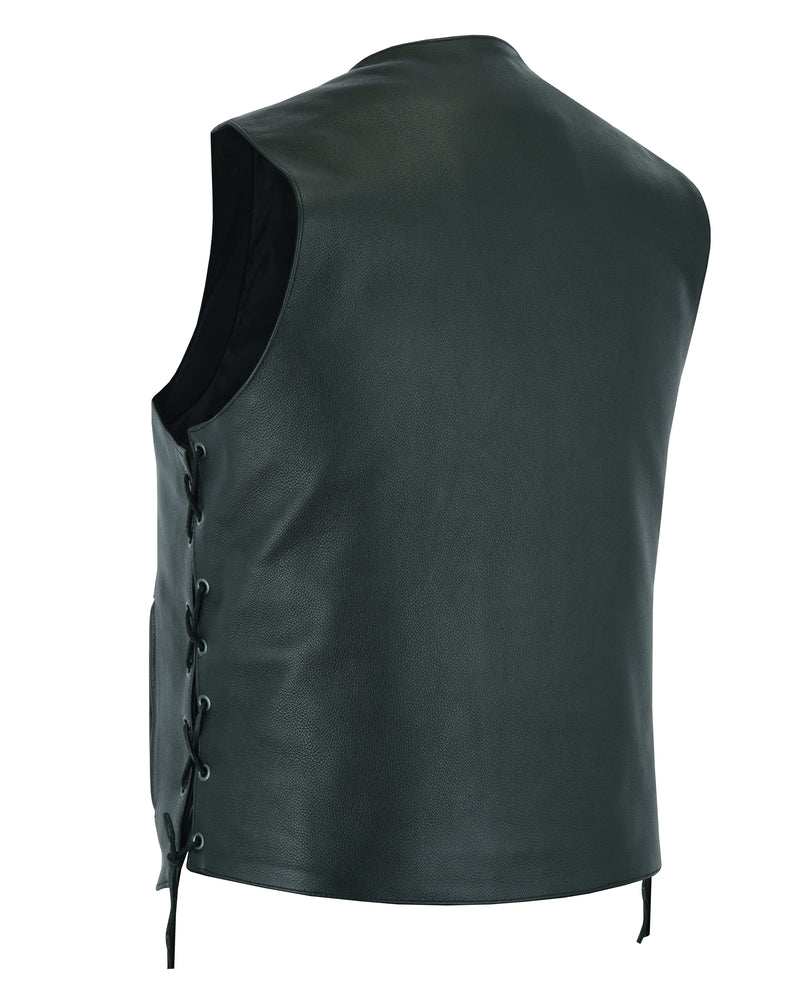 Men's M/C Black Leather Vest, Concealed Carry Pockets and Single Back Panel by Pro Rider