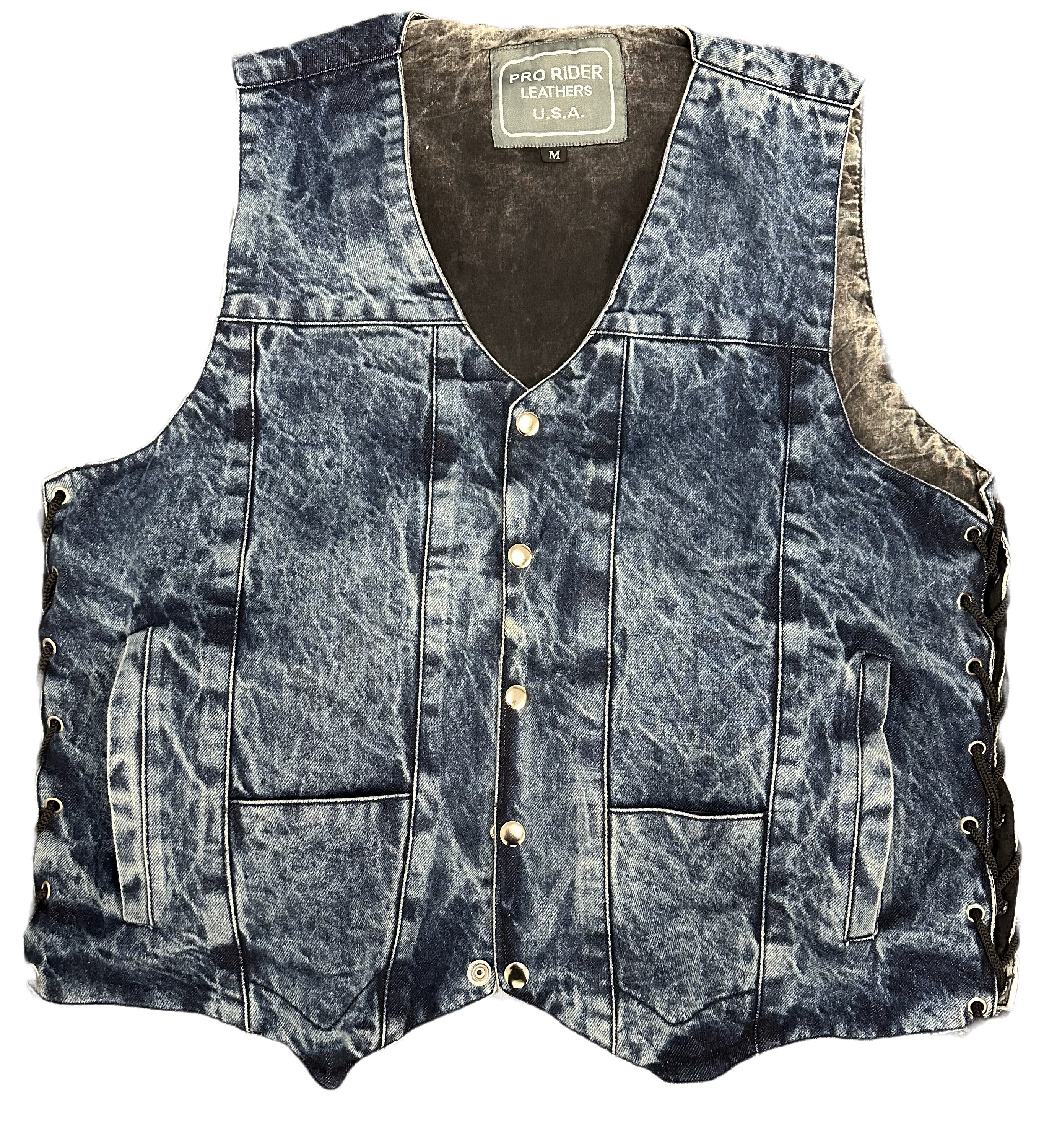 MEN'S BLUE DENIM VEST, STONE WASHED, CONCEALED CARRY POCKETS AND SINGLE PANEL BACK