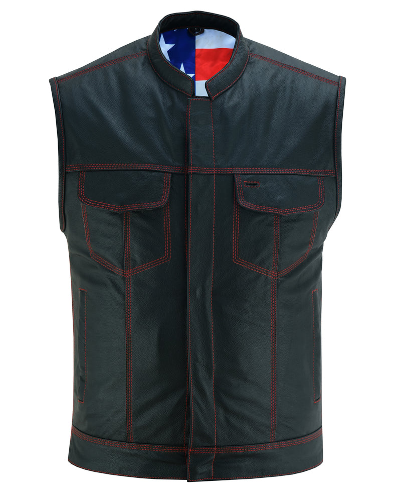 MEN'S LEATHER VEST WITH RED STITCHING AND USA INSIDE FLAG LININ
