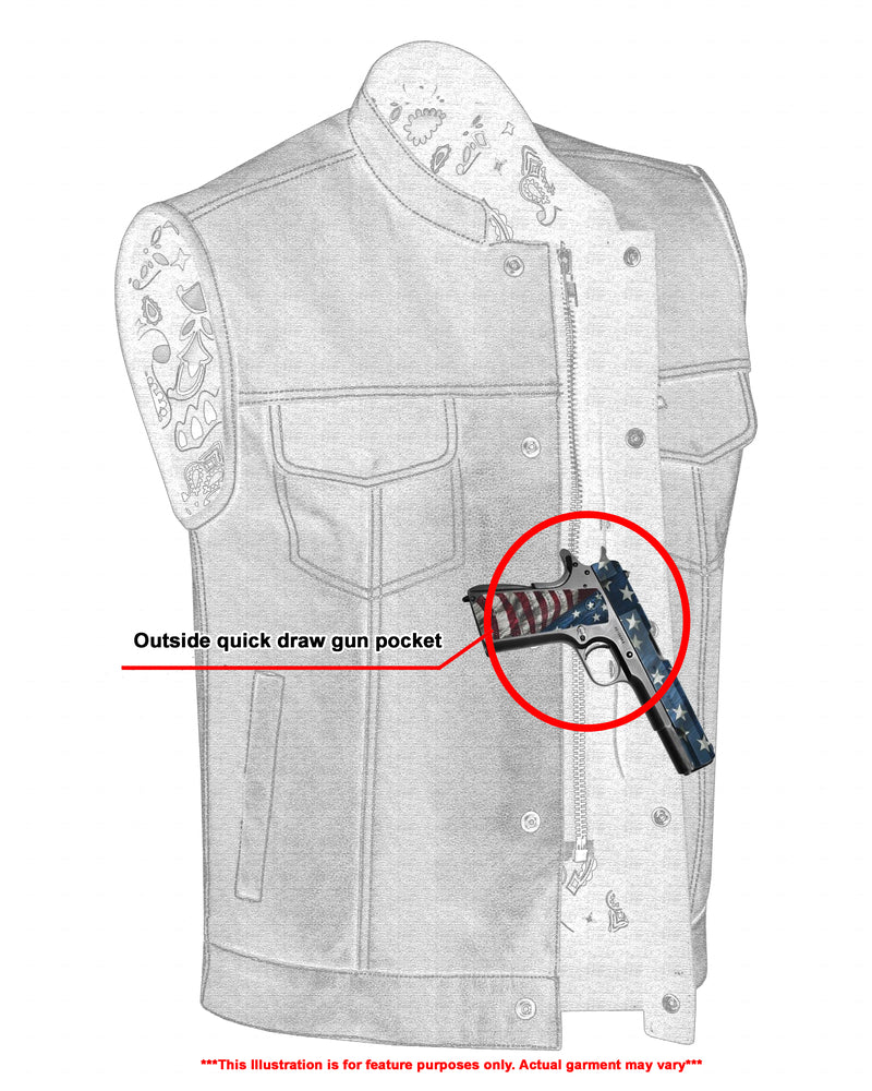 Men's Paisley Black Leather Motorcycle Vest with White Stitchin