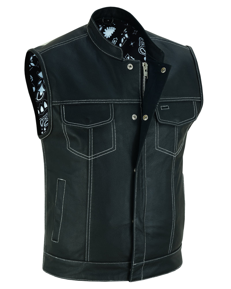 Men's Paisley Black Leather Motorcycle Vest with White Stitchin