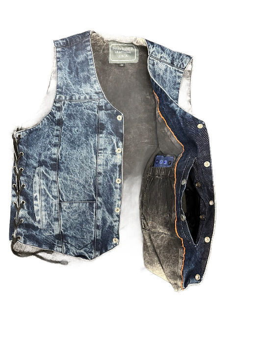 MEN'S BLUE DENIM VEST, STONE WASHED, CONCEALED CARRY POCKETS AND SINGLE PANEL BACK