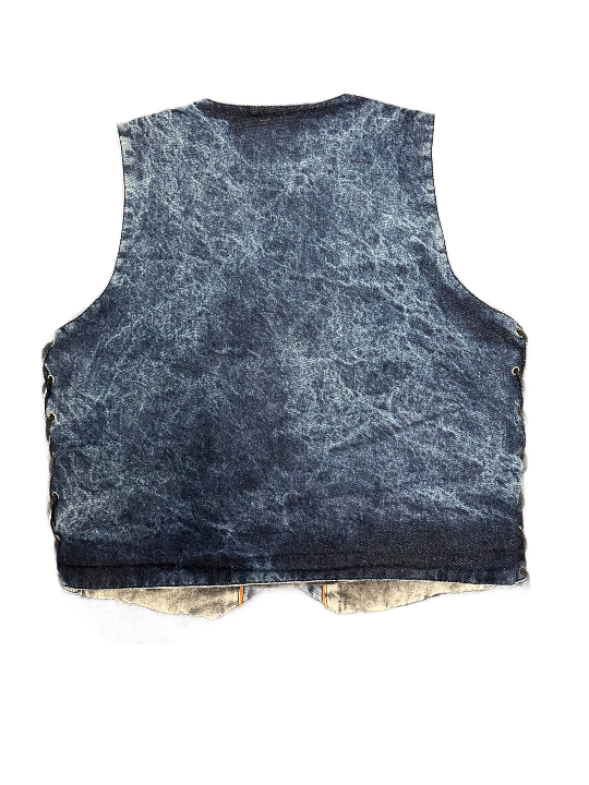 MEN'S BLUE DENIM VEST, STONE WASHED, CONCEALED CARRY POCKETS AND SINGLE PANEL BACK