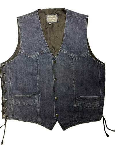 Men's Blue Prewashed Soft Denim Motorcycle Vest Side Laces Biker Club Cut Snap Front