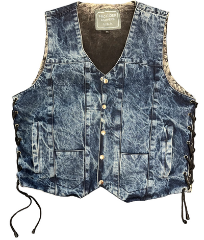 MEN'S BLUE DENIM VEST, STONE WASHED, CONCEALED CARRY POCKETS AND SINGLE PANEL BACK