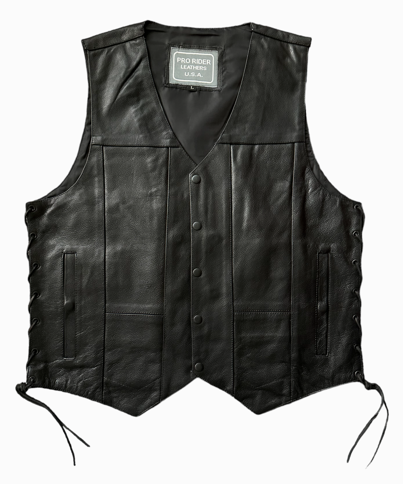 Men's M/C Black Leather Vest, Concealed Carry Pockets and Single Back Panel by Pro Rider
