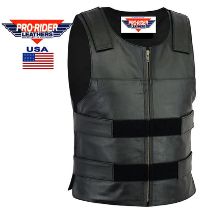 Pro USA Leather Bullet Proof Style Motorcycle sporting Club Vest,  Tactical, Concealed Carry pockets, Large Back Panel, Genuine Cowhide Leather