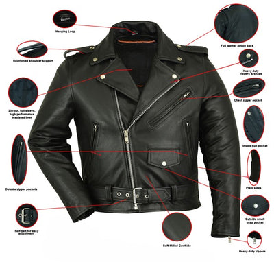 Economy Motorcycle Classic Biker Leather Jacket - Plain Sides, Police style MC Jacket with concealed carry pocket