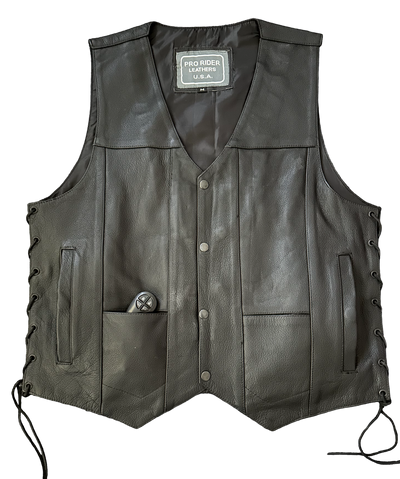 Men's M/C Black Leather Vest, Concealed Carry Pockets and Single Back Panel by Pro Rider