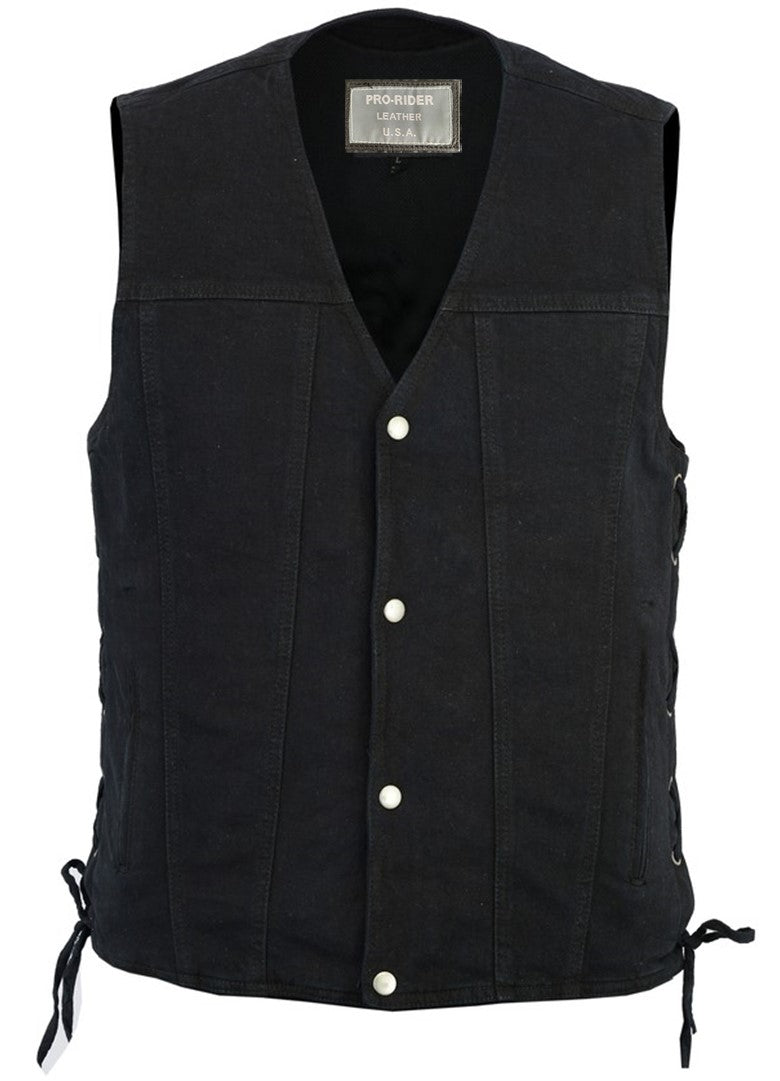 Men's Black Denim Vest, Concealed Carry Pockets, and Single Back Panel By PRO RIDER