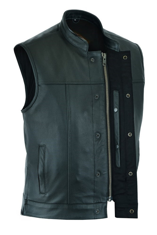 Men's SOA Style Black Leather MC Club Vest - Dual Zipper & Snap, Concealed Carry