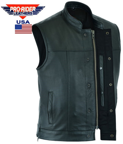 Pro USA Leather Men's Outlaw Leather Motorcycles Club Vest, Concealed carry Pockets, Single large panel, Snaps & Zipper closure, SOA Style
