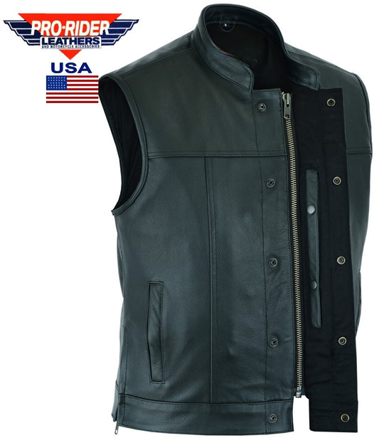Pro USA Leather Men's Outlaw Leather Motorcycles Club Vest, Concealed carry Pockets, Single large panel, Snaps & Zipper closure, SOA Style