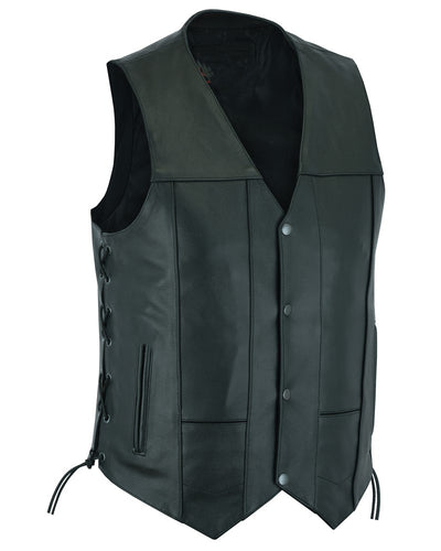 Men's M/C Black Leather Vest, Concealed Carry Pockets and Single Back Panel by Pro Rider
