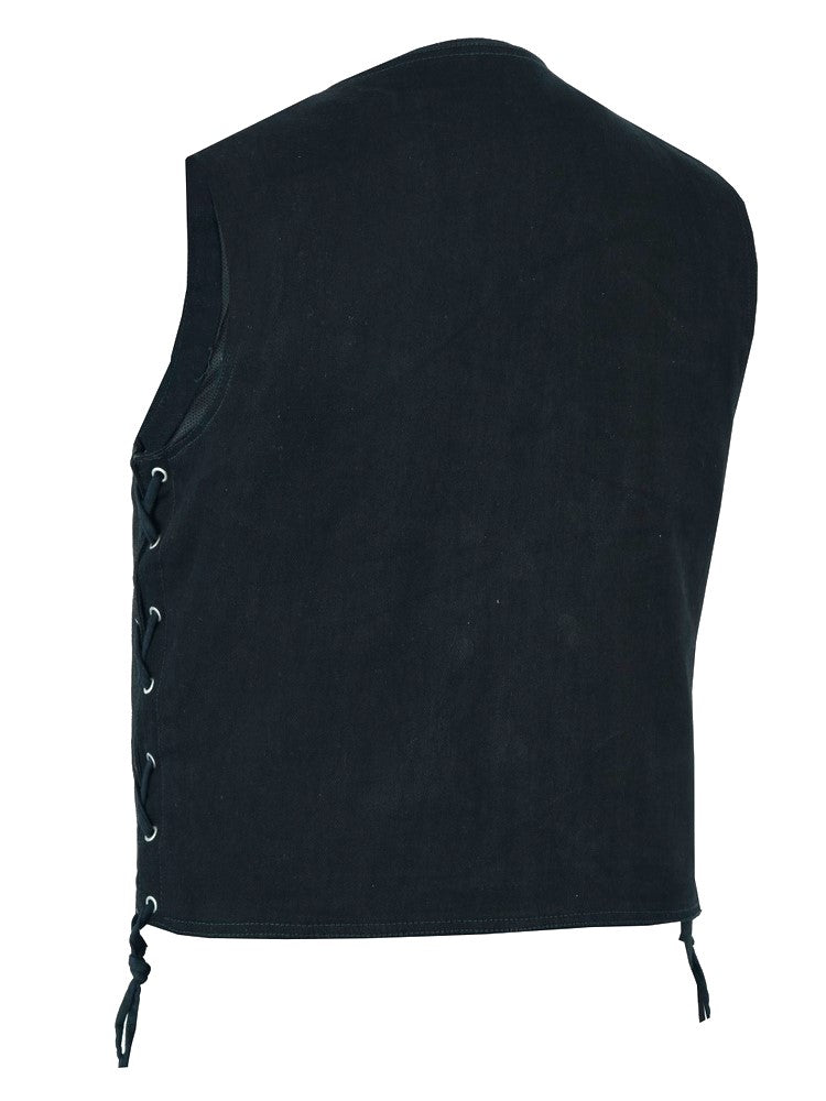 Men's Black Denim Vest, Concealed Carry Pockets, and Single Back Panel By PRO RIDER
