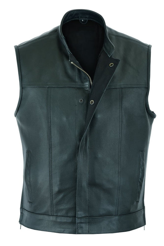 Pro USA Leather Men's Outlaw Leather Motorcycles Club Vest, Concealed carry Pockets, Single large panel, Snaps & Zipper closure, SOA Style