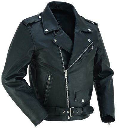 Economy Motorcycle Classic Biker Leather Jacket - Plain Sides, Police style MC Jacket with concealed carry pocket