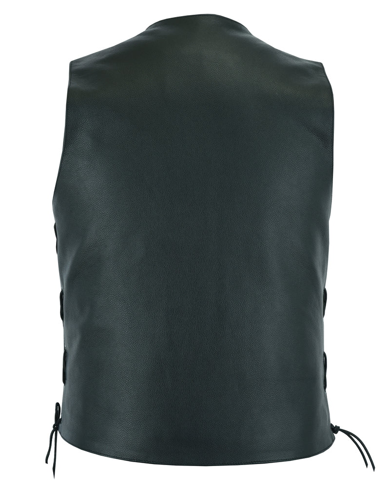 Men's M/C Black Leather Vest, Concealed Carry Pockets and Single Back Panel by Pro Rider