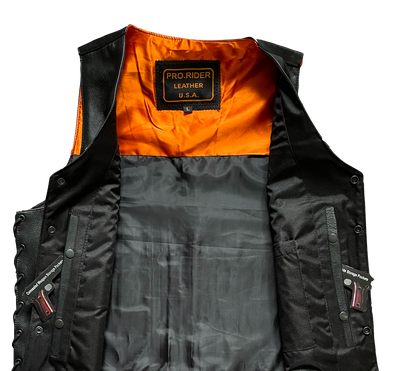 Pro Rider Men's Black Leather HD-Motorcycle Vest with Concealed Carry Pockets