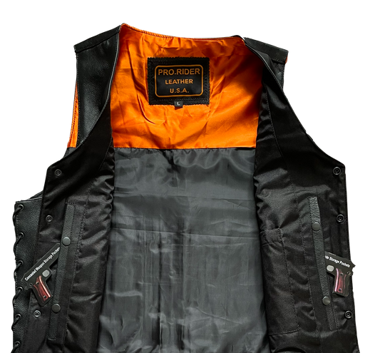 Pro Rider Men's Black Leather HD-Motorcycle Vest with Concealed Carry Pockets
