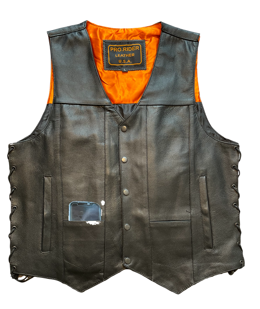 Pro Rider Men's Black Leather HD-Motorcycle Vest with Concealed Carry Pockets
