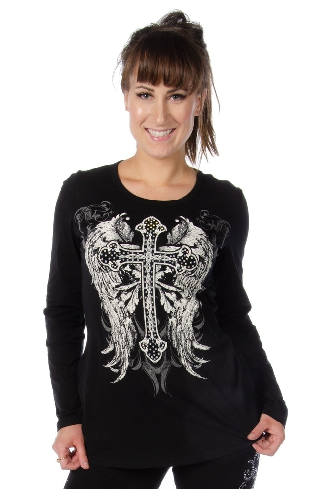 Long Sleeve V-Neck with Cross and Wings