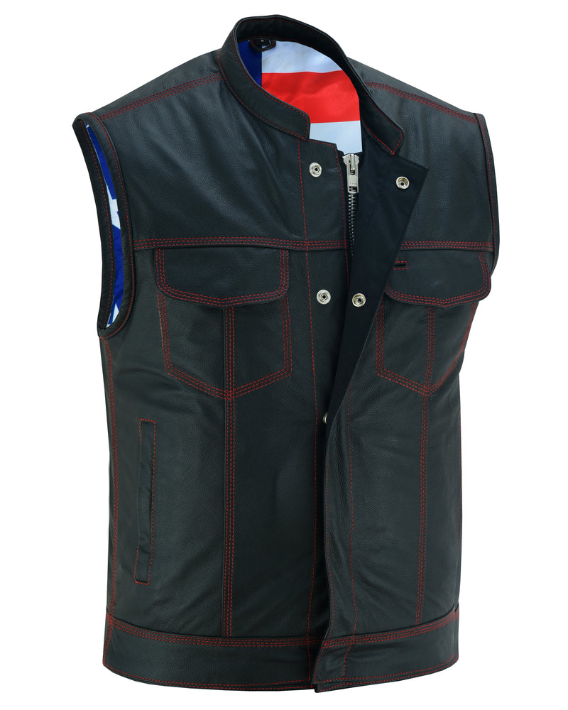MEN'S LEATHER VEST WITH RED STITCHING AND USA INSIDE FLAG LININ