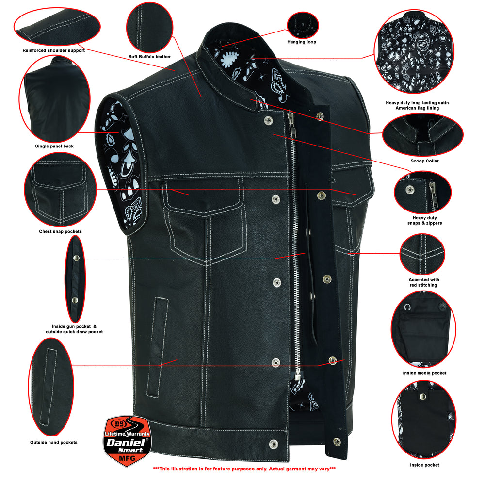 Men's Paisley Black Leather Motorcycle Vest with White Stitchin