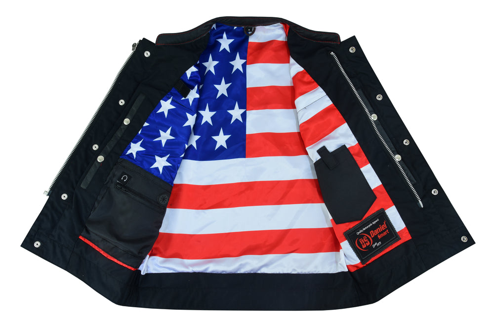 MEN'S LEATHER VEST WITH RED STITCHING AND USA INSIDE FLAG LININ