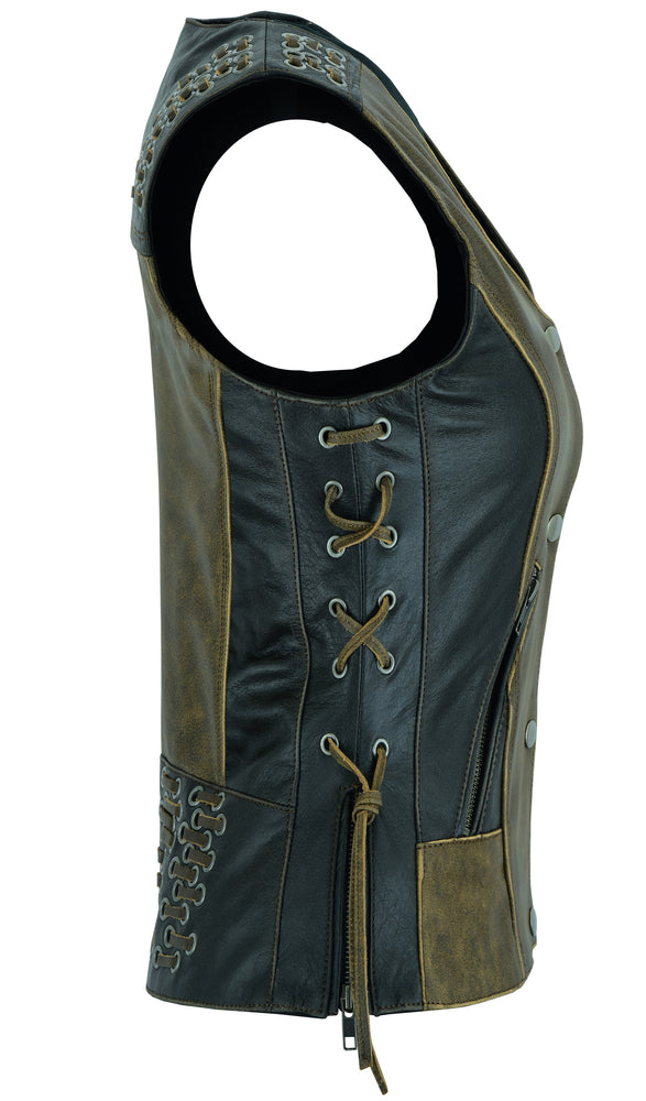 Women's Vest with Grommet and Lacing Accents - Two Tone